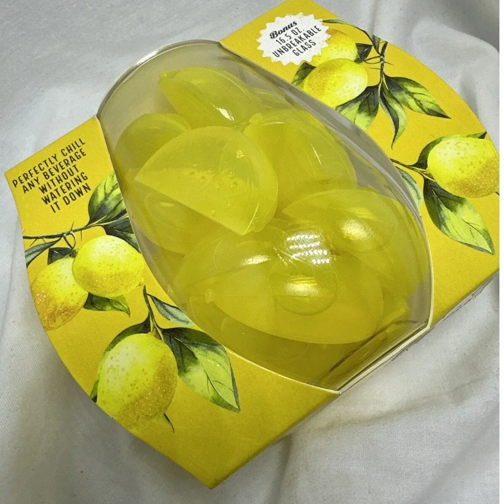 Lemon Chillers 24 PC Reusable Ice Cubes‎ Yellow Lemon Wedges & Unbreakable Glass